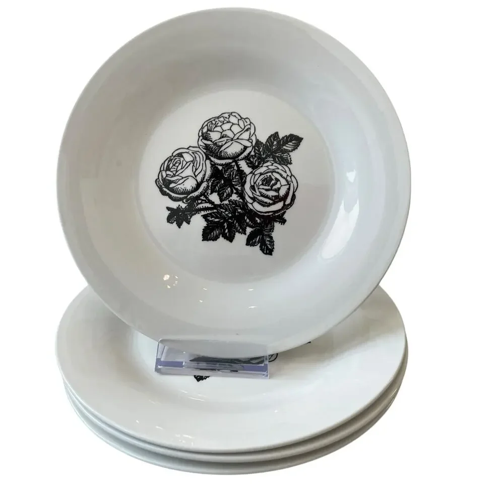 Godinger Floral Salad Plates 7.5in Porcelain Black & White Roses Set of 2 NEW